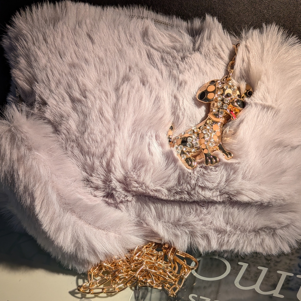 Faux Fur Shoulder Bag with Fur Covered Chain, Includes Dalmatian Purse Charm